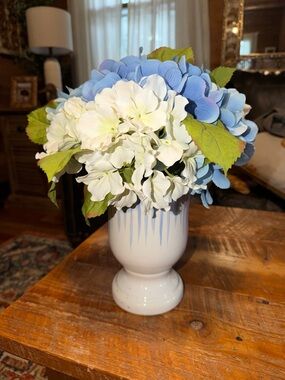 Blue & White Hydrangea Arrangement in White Ceramic Vase -